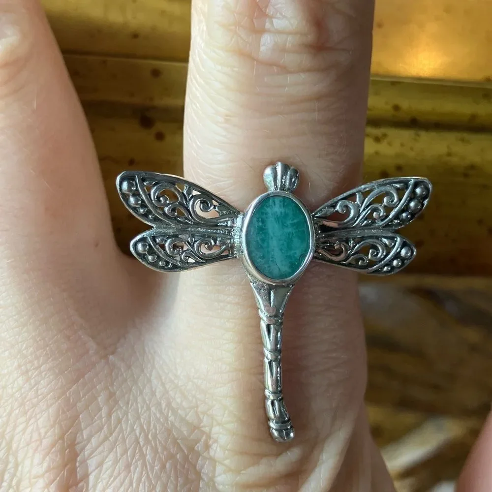 Natural Emerald Sterling Silver Dragonfly Ring Size 9
